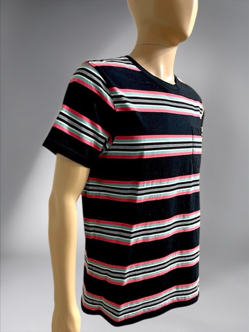 Men's Black Striped Crew Neck T-Shirt with Pocket - Picture 9 of 15